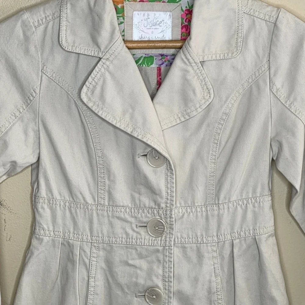 Justice Khaki Cream Button Front Jacket Notch Collar Girls Size 8 100% Cotton